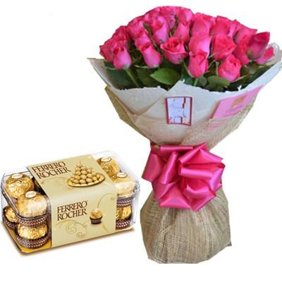 24 Pink Roses bouquet and Box of Ferrero Rocher Chocolates product1153